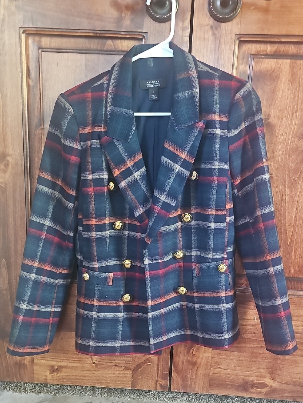 Talbots Navy Plaid Double-Breasted Blazer with Gold Buttons